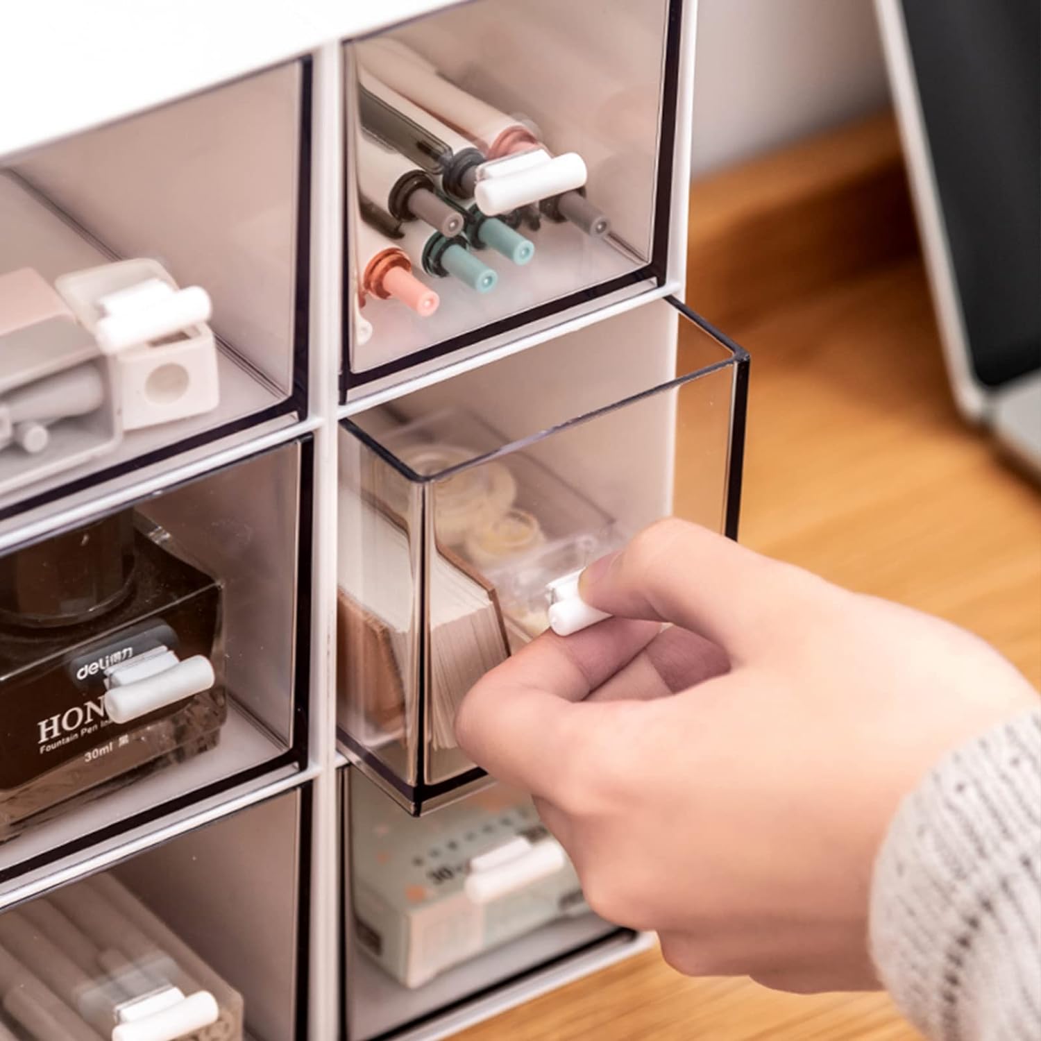 Desk Organizer-3 Tier Stackable Storage Drawers with 6 Compartments White Stackable Drawers Great for Desk Storage, Makeup Storage Bathroom Organization Accessories Etc (White) - Image 6
